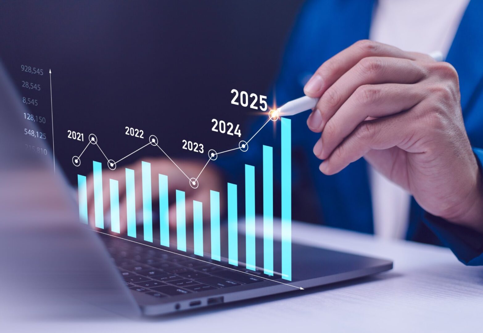 Person analyzing digital financial growth chart.
