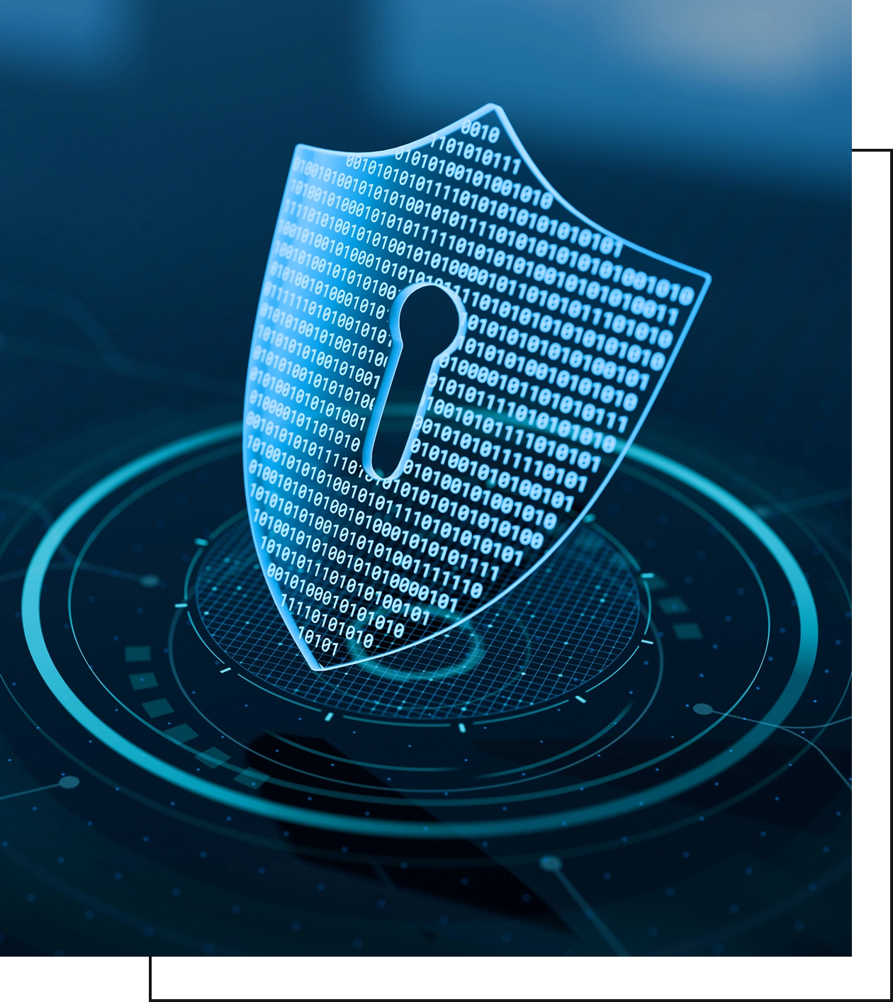 Digital shield with binary code and keyhole.